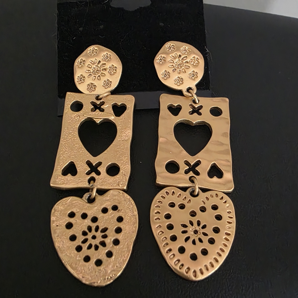 Gold Heart Dangle Earrings - Picture 2 of 7